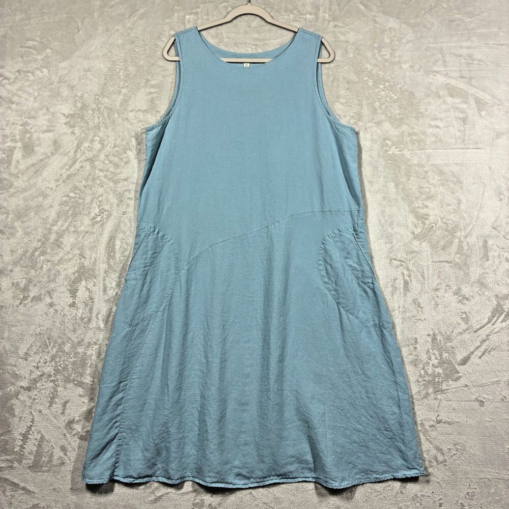 J Jill XL 100% Linen Dress Blue Sleeveless Midi A-Line Pockets Lagenlook Boho